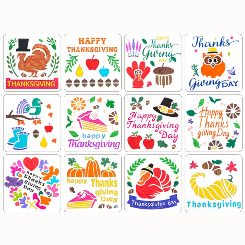 

12 Thanksgiving Stencil Hollow Painting Templates 20cm Square PET Template DIY Layering Wall Turkey Spray Painting Copy Board