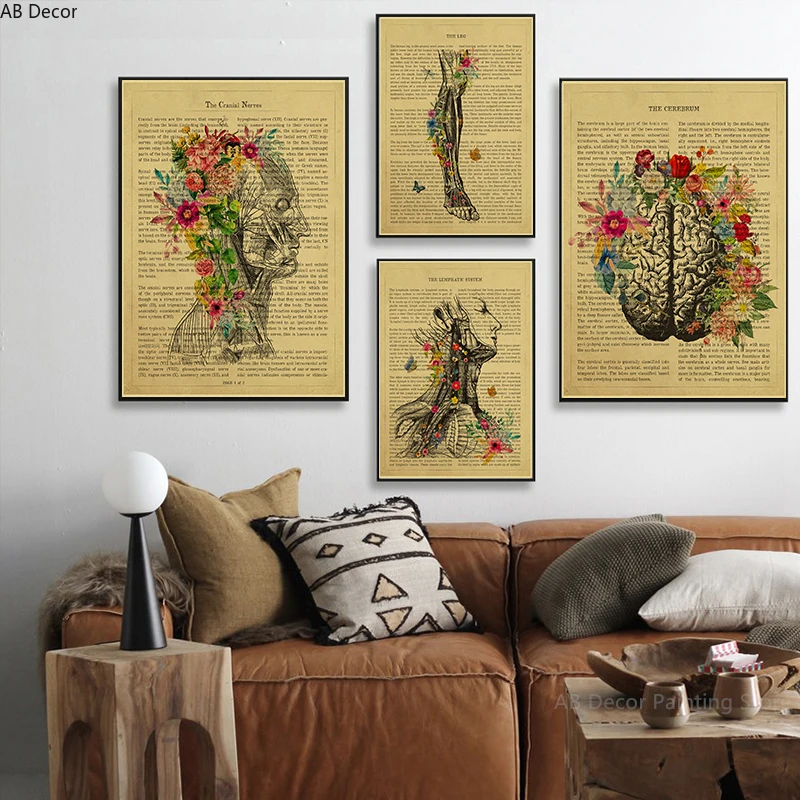 Pósteres de anatomía de corazón humano/pulmón/treso/cerebrum con flores y descripción, impresiones Retro, decoración médica para el hogar, pintura