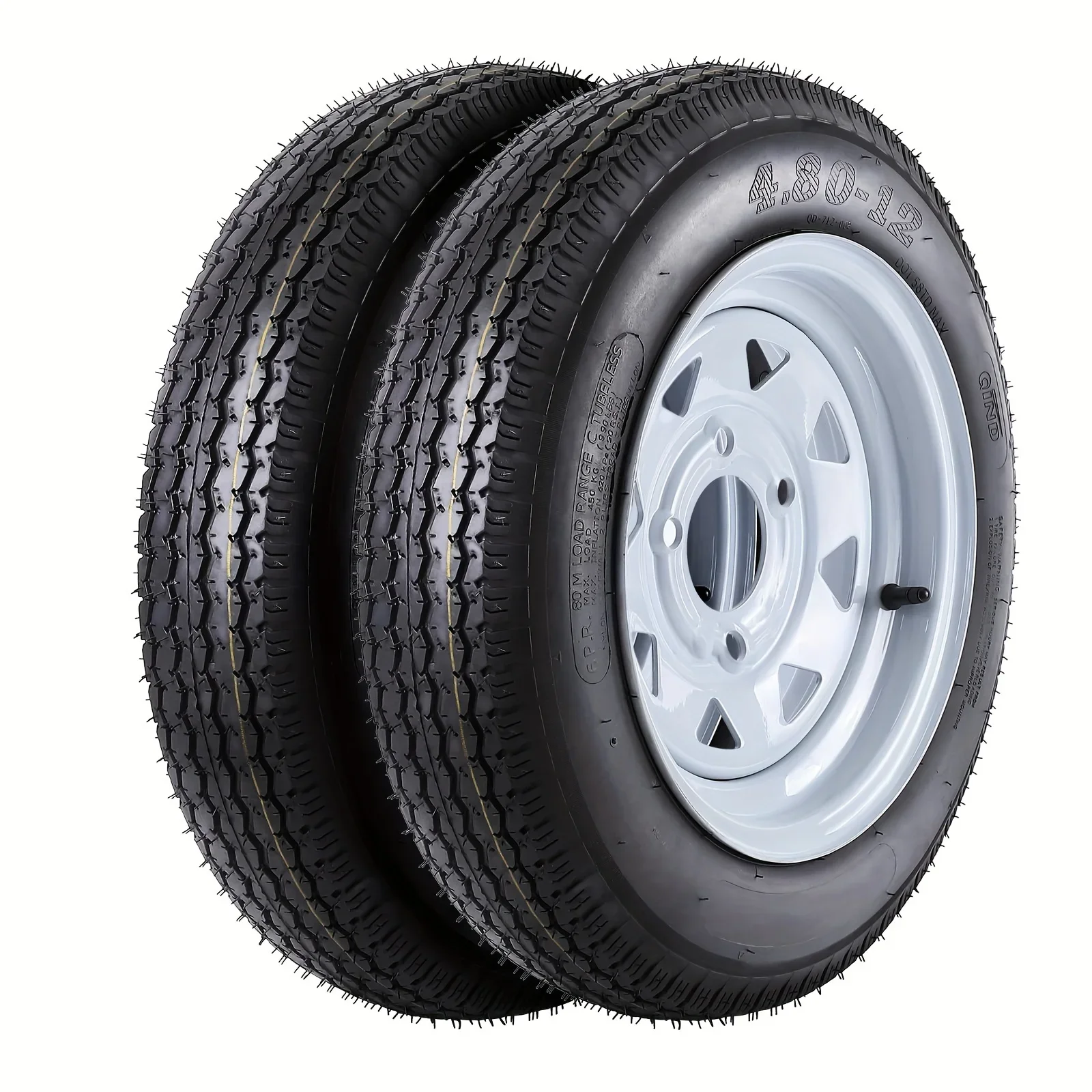 

High-Performance 2-Pack Durable Trailer Tires with Stylish White Spoke Rims - 480-12 Size, 12" Diameter, 4 Lug Design - Value Se