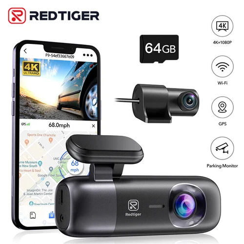 Imagen 1 del producto REDTIGER F9 Dash Cam 4K frontal y trasera WiFi GPS cámara de coche para modo de estacionamiento 64GB visión nocturna grabadora de coche por Control por aplicación