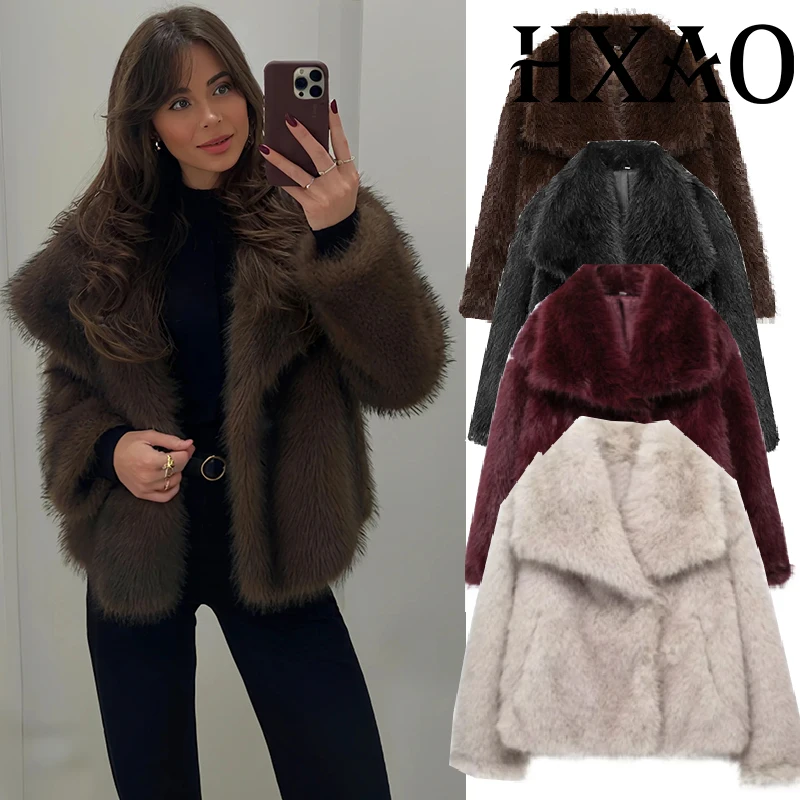 HXAO المرأة معطف الفرو فو فروي الدافئة النساء معاطف الشتاء اقتصاص معطف البني امرأة فاخرة مشعر سترة طويلة الأكمام تيدي معاطف #1