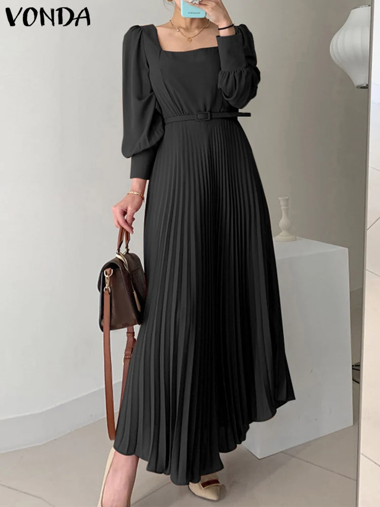 Elegant Long Lantern Sleeve Dress VONDA 2023 Fashion Women Sexy Square Collar Pleated Long Dresses Belted Solid Maxi Robe Femme