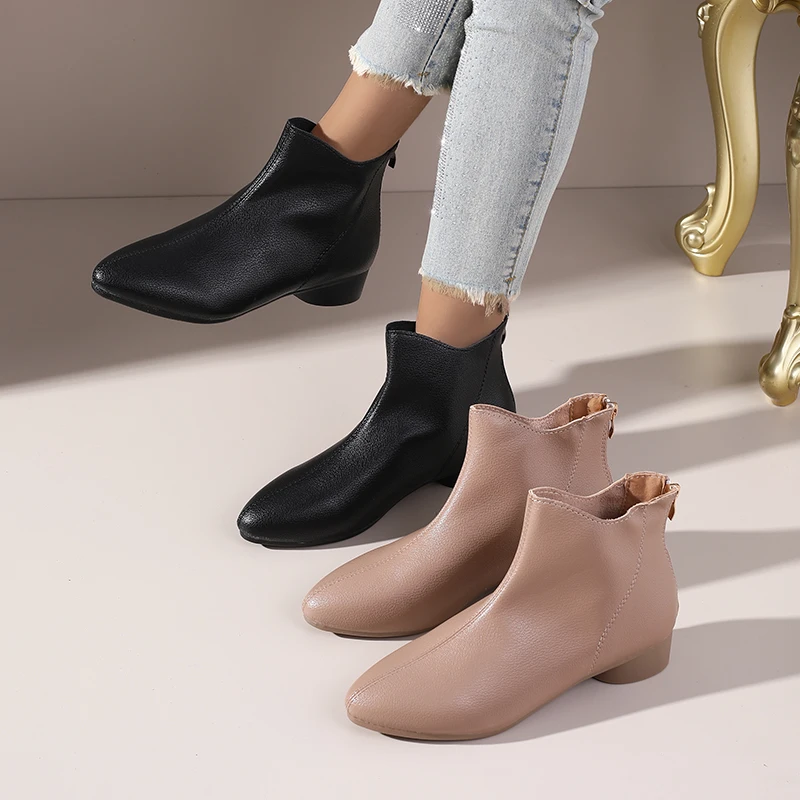 

2025 New Women's French Retro Ankle Boots - Pointed Toe Chunky Heel Naked Boots with Soft Leather, All-Season Versatile Booties