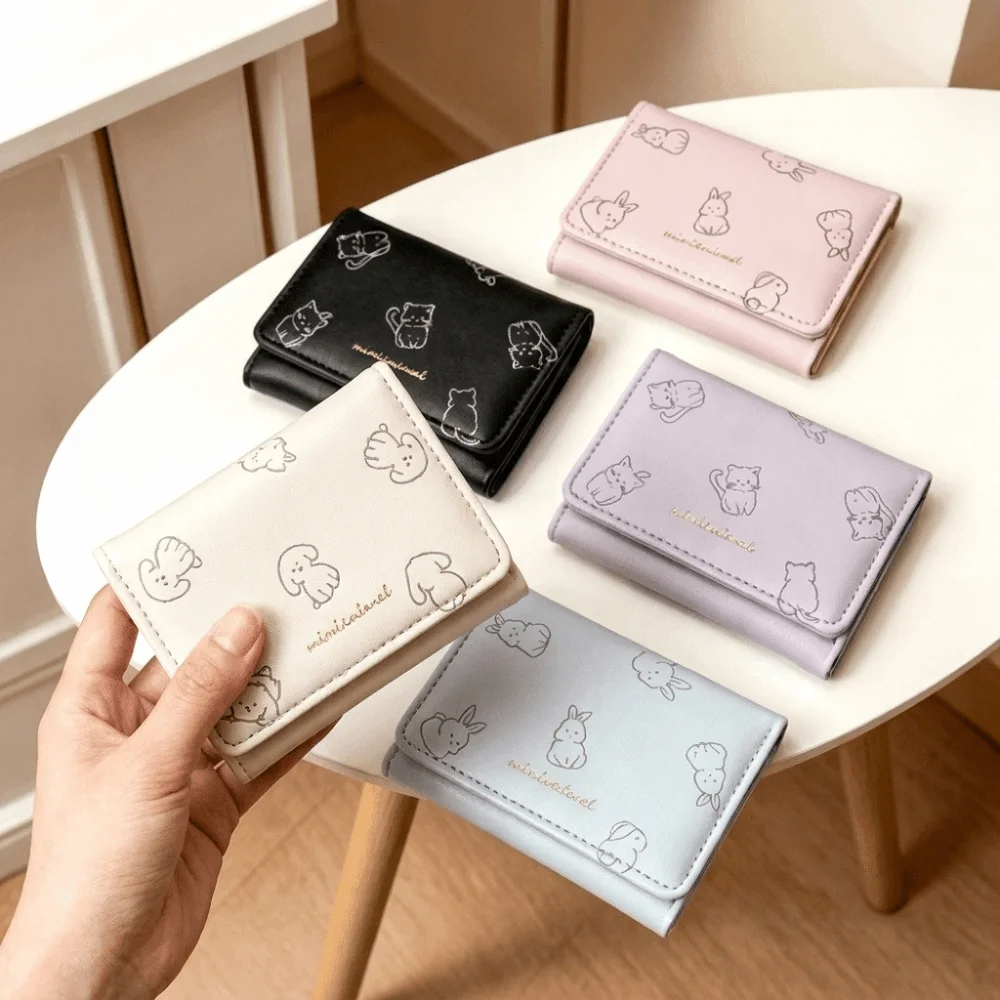 Lightweight Korean-Style Cartoon Trifold Wallet Cute Pattern Soft Card Holder Cat Dog Rabbit Pu Leather Coin Purse Short Trips