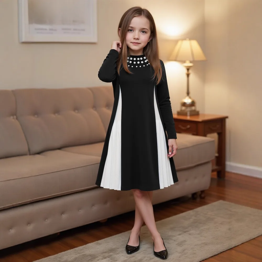 

Премиум-платье для девочек на весну-осень, приталенное, элегантное, с длинным рукавом, черно-белое, для малышей ростом 100-140 см