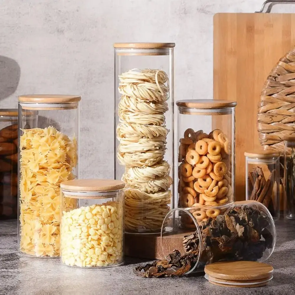 Glass Sealed Jar with Bamboo Lid Spice Jar Kitchen Grain Storage Pots Tea Coffee Candy Jar Transparent Split Bottle Storage Tank