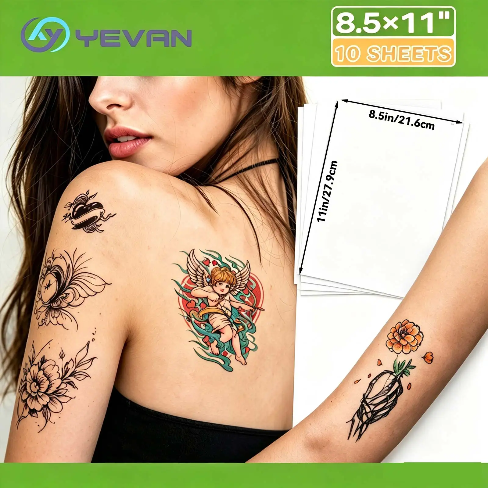 YEVAN 10 Sheets Printable Temporary Tattoo Paper 8.5x11 Inch For Inkjet & Laser Printer DIY Waterproof Skin Transfer Sticker Set