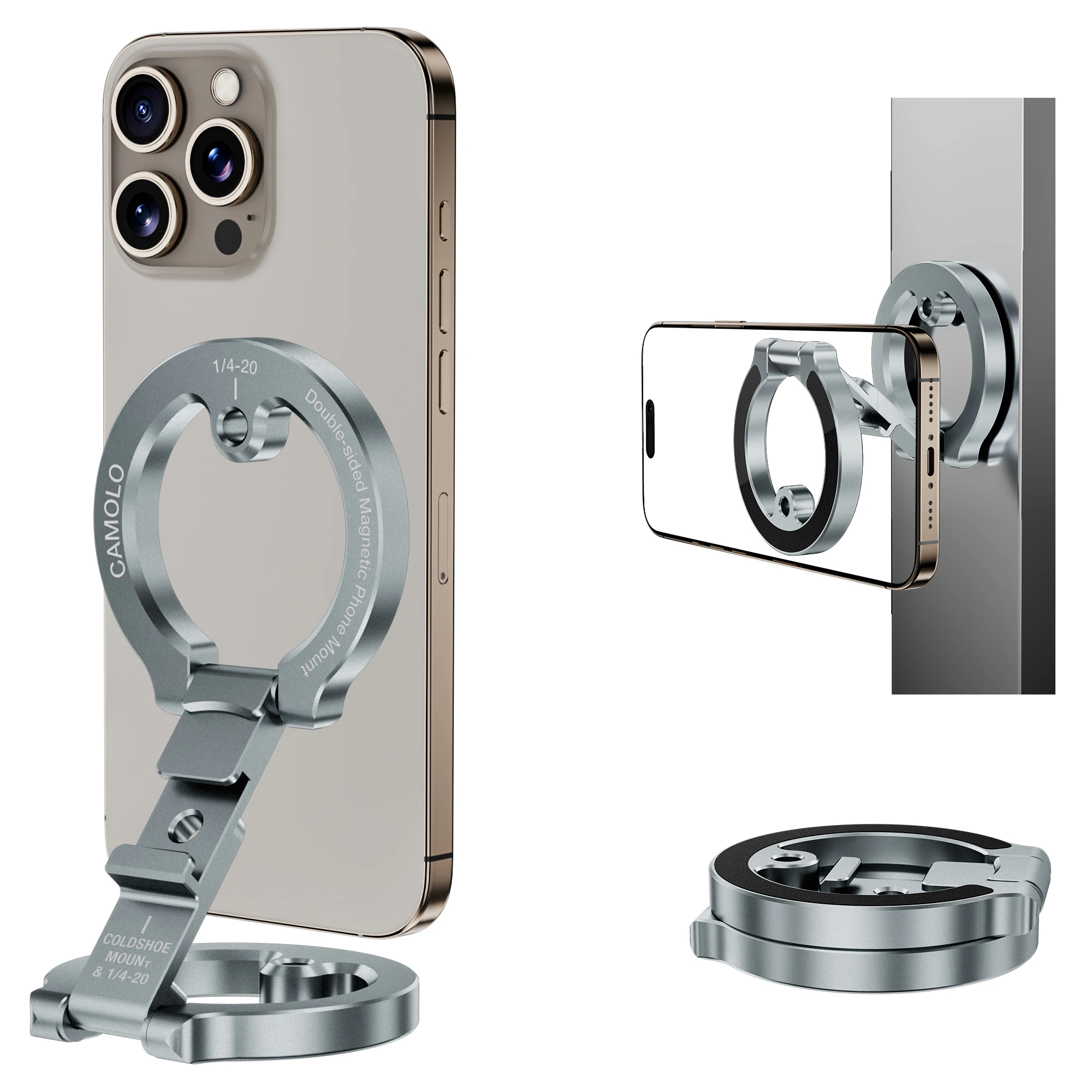 

CAMOLO двухсторонний магнитный держатель для телефона Magsafe для iPhone Android 1/4 дюйма, винтовое крепление для штатива, складное магнитное крепление для телефона с кольцом