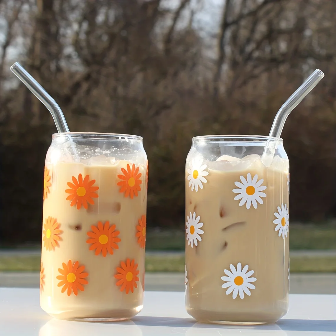 16oz Little Daisy Pattern Drinking Glass With Bamboo Lid And Straw Orange/White Glass Can Drinking Bottle For Summer Drinks