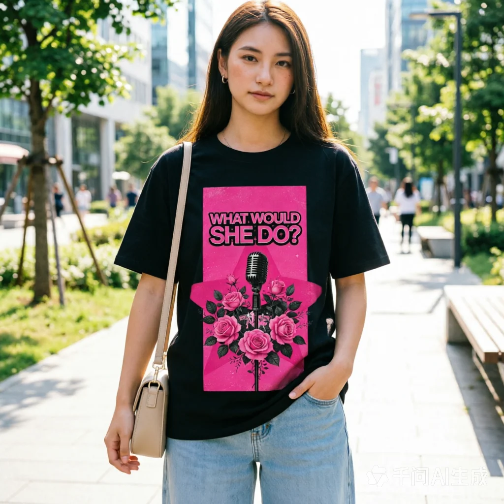 Women's What Would She Do Retro Microphone Pink Rose Star Graphic T Shirt Inspirational Quote Short Sleeve Casual Tee