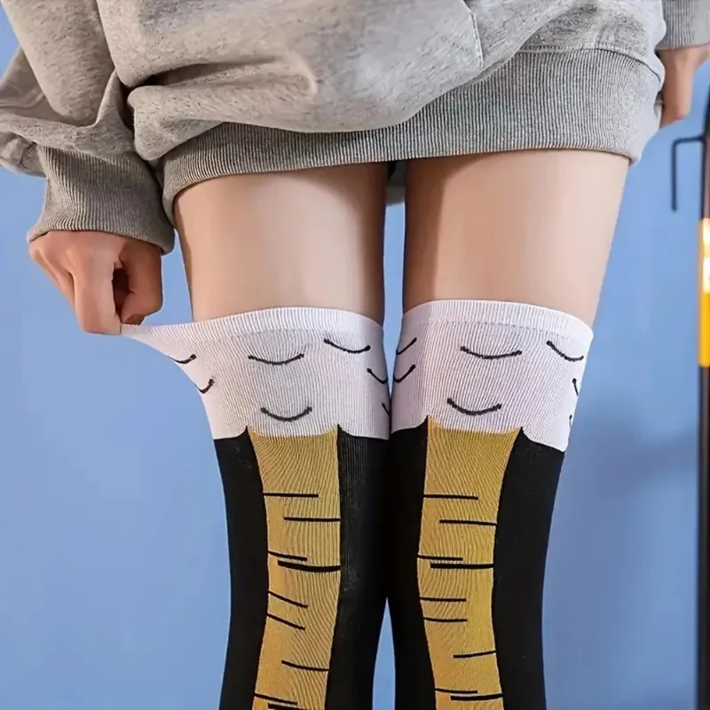 1 par de calcetines hasta la rodilla para mujer, calcetines cómodos y transpirables con dibujos divertidos de Halloween, sudoración de piernas de pollo loco