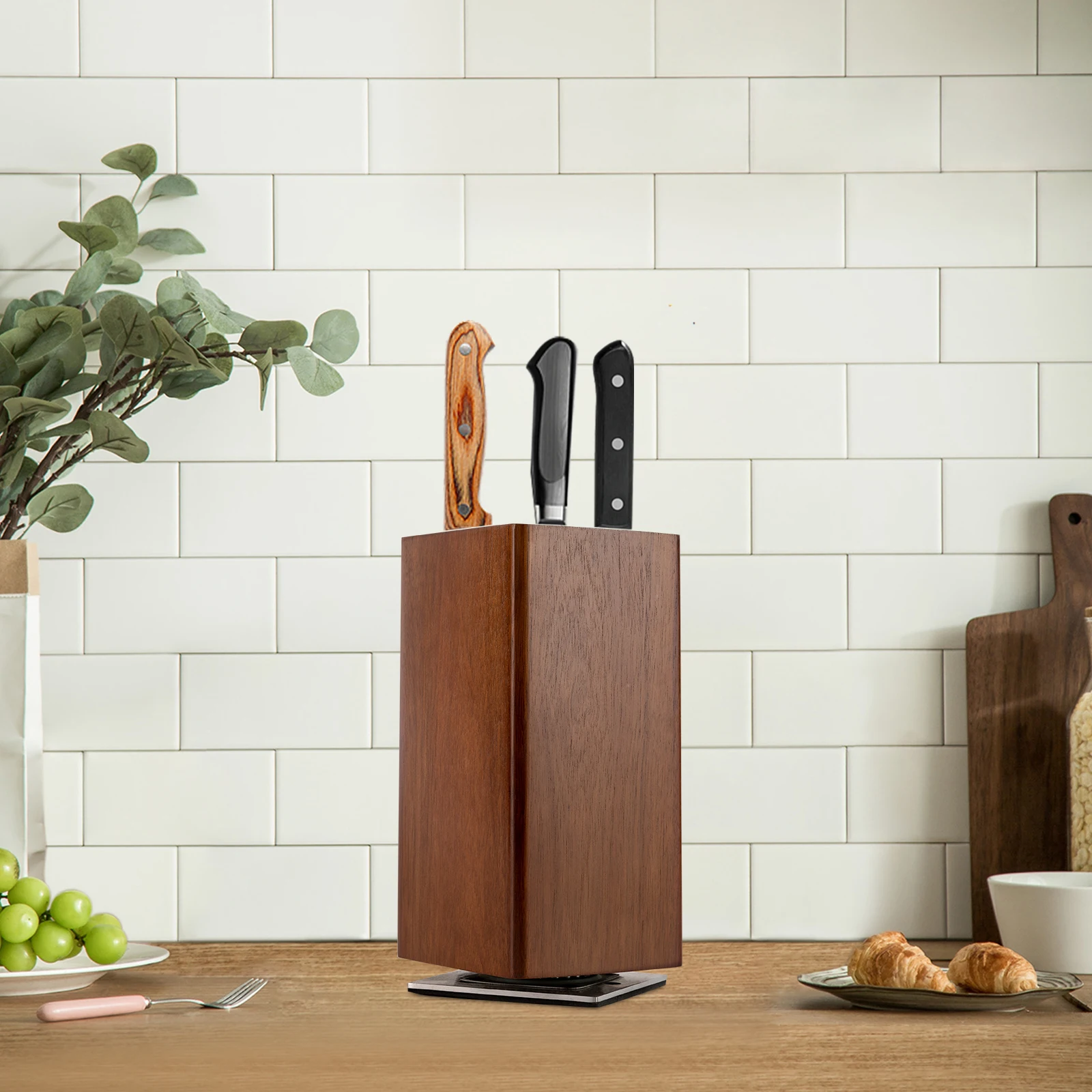Porte-couteau magnétique couteau universel rangement en bois 360 ° Porte-couteaux multifonctionnel rotatif pour comptoir de cuisine, Restaurant, hôtel