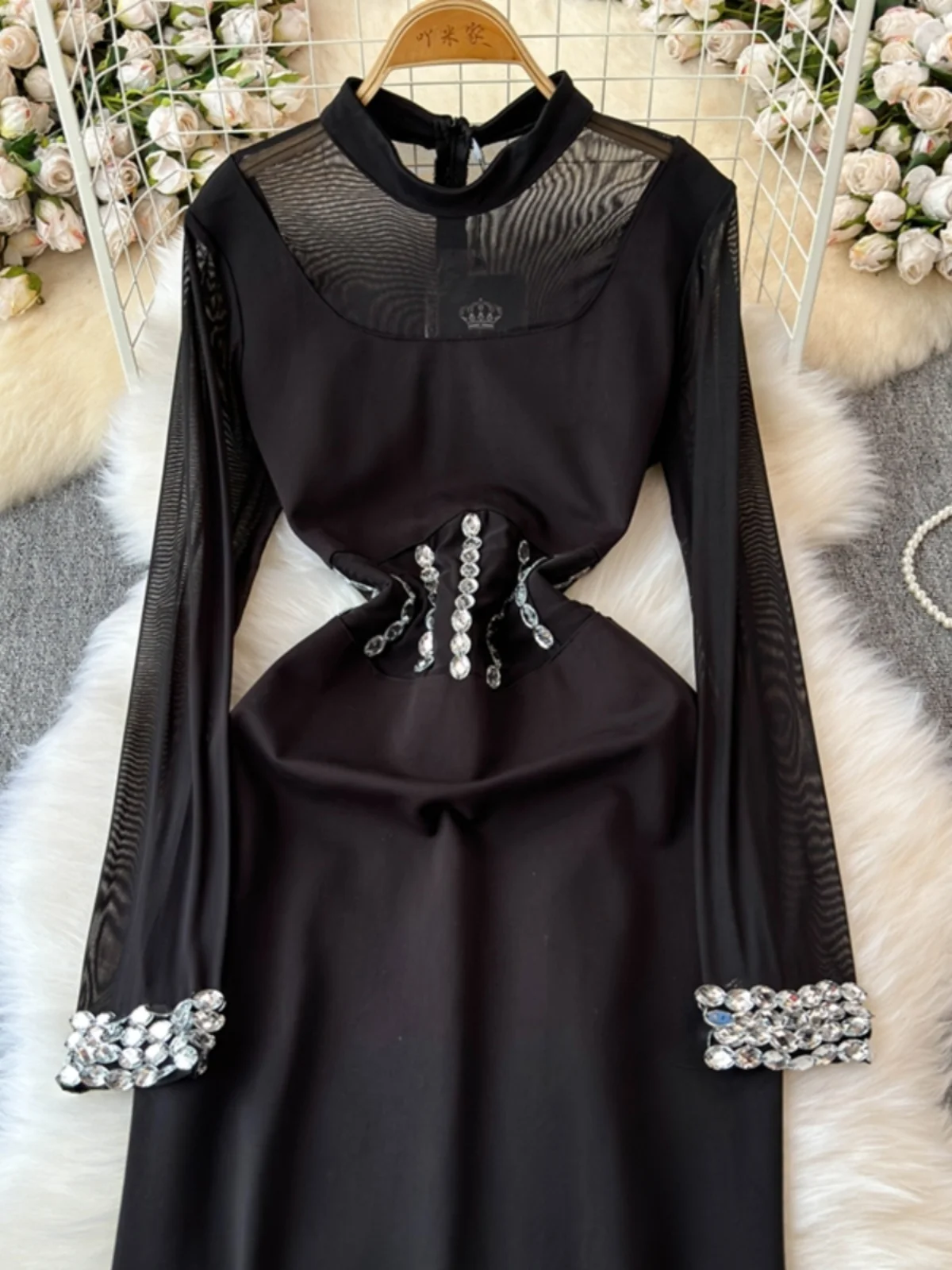 Autumn Winter Black Tulle Beaded Fishtail Maxi Dress Women Long Sleeve Fashion Elegant Party Evening Vestidos Bandage Robe