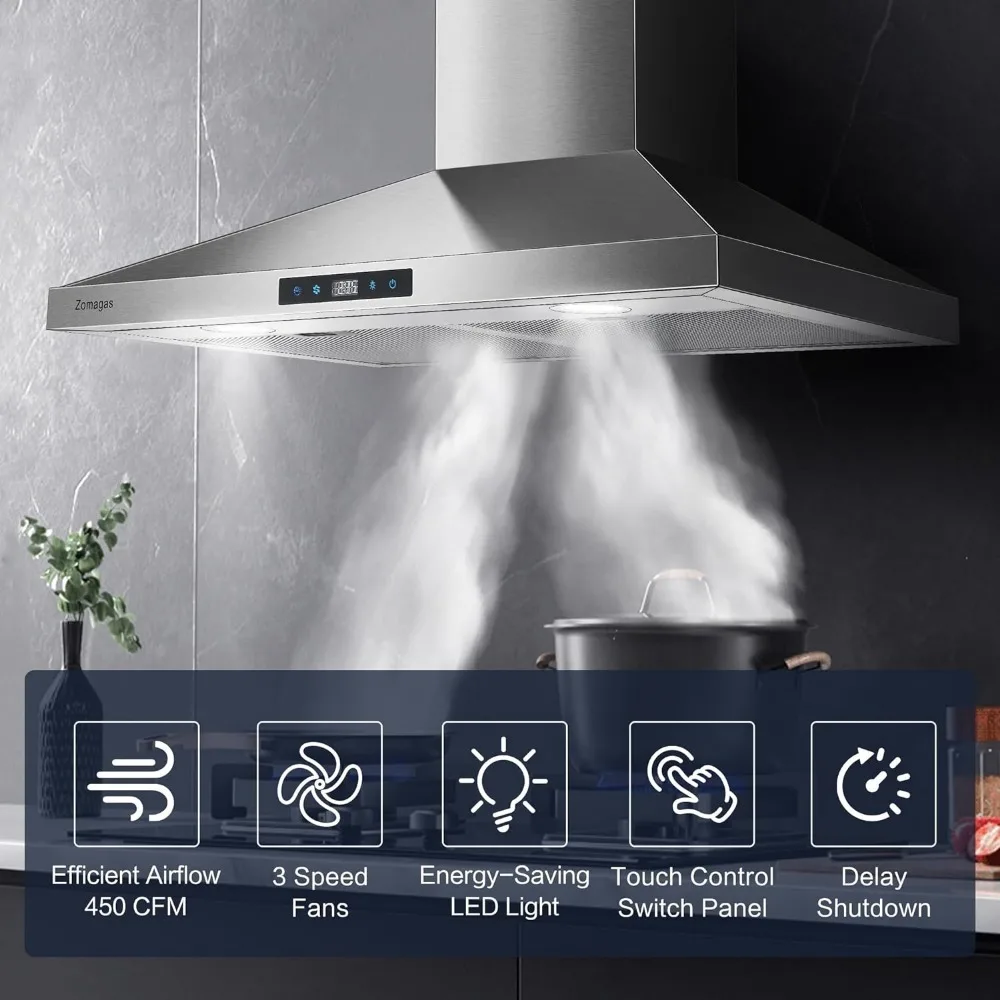 30 inch Stainless Steel, Wall Mount Stove Hood Ducted/Ductless Convertible with 3 Speed Kitchen Vent Hood, Touch Control