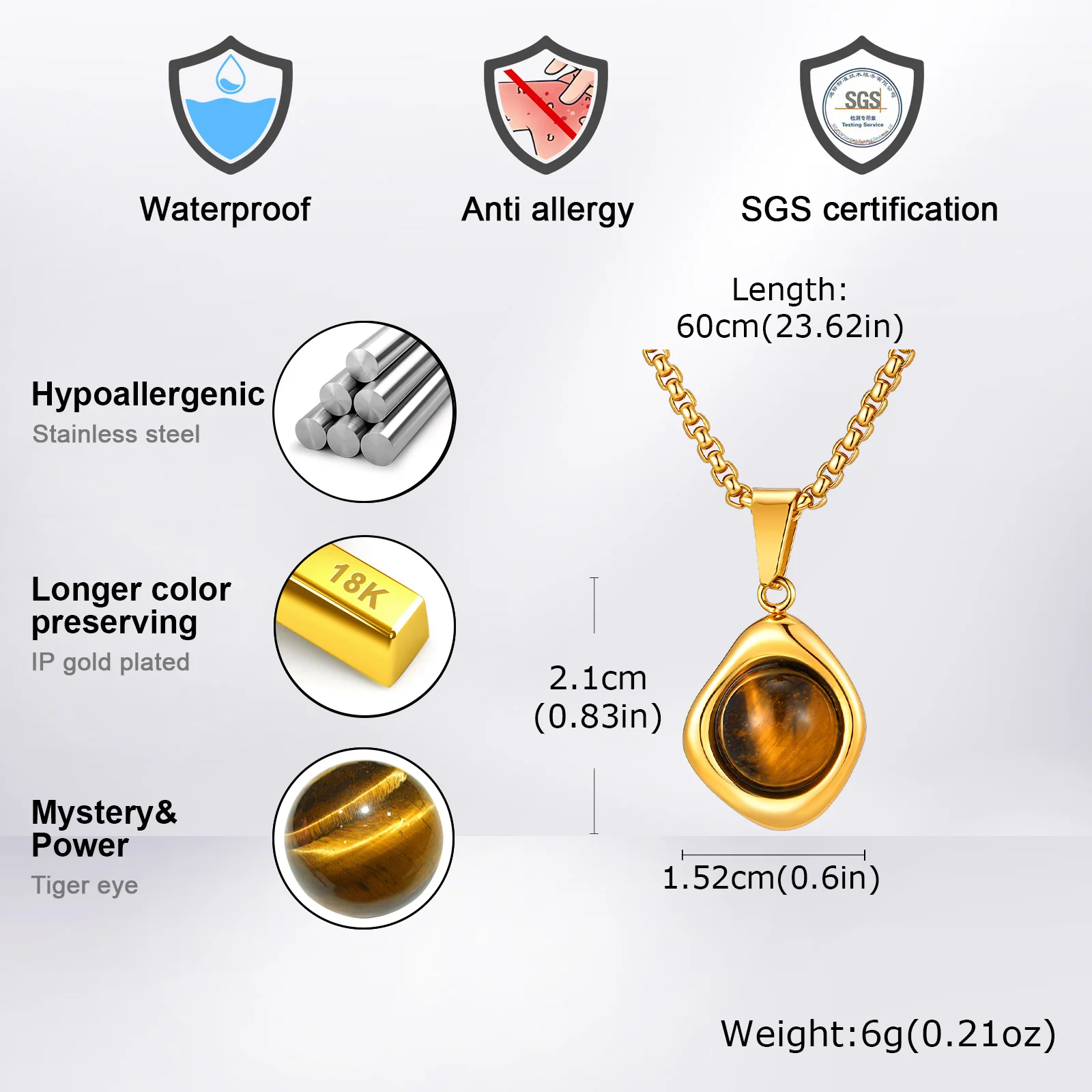 Klassische Mode Runde Natürliche Achat Tigerauge Stein Halskette für Männer, Edelstahl Unregelmäßige Anhänger Halskette, Punk Schmuck – Detail 12
