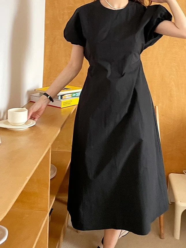 Ele Simple Belted Bubble Sve Dr Gonna a trapezio leggera estiva a vita alta da donna Sle Commute ort Sve round...