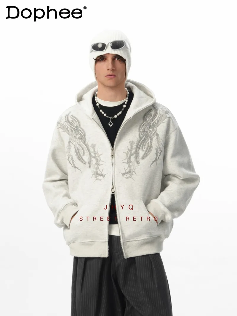 النمط الأمريكي مقنعين الثقيلة حجر الراين البلوز الخريف الشتاء فضفاضة عارضة سترة تنوعا الدافئة سستة سترة للرجال