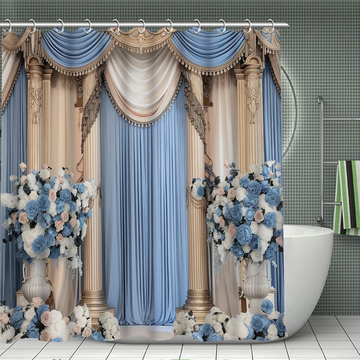 4Pcs Blue Floral Wedding Arch Shower Curtain Set with Hooks, Romantic Elegant Curtain & Column Print Waterproof Mildew Resistant