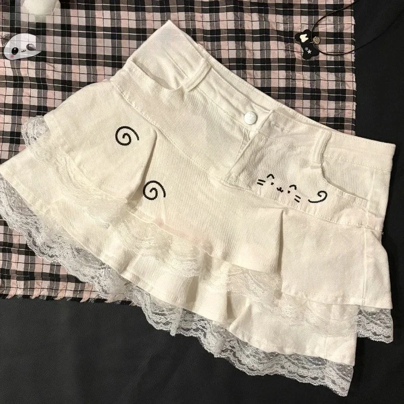 Japanese Kawaii Lolita Sweet Short Skirts Women Summer Cute Lace Ruffle Denim Skirt Gothic Y2k Cartoon High Waist Cake Skirt New