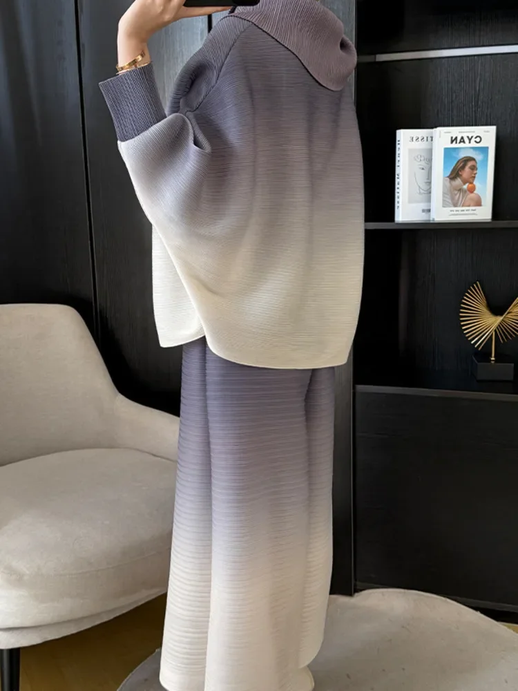 ANLAN Elegant Gradient Women's Pleated Set New Lapel Batsleeve Top Wide-leg Pants Causal Two-piece Fashion 2025 Spring 2AN8169