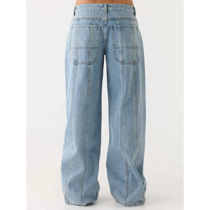 Women's Retro Low-Waist Straight Tube Jeans American Split Structure Loose Wide Legs Versatile Slimming