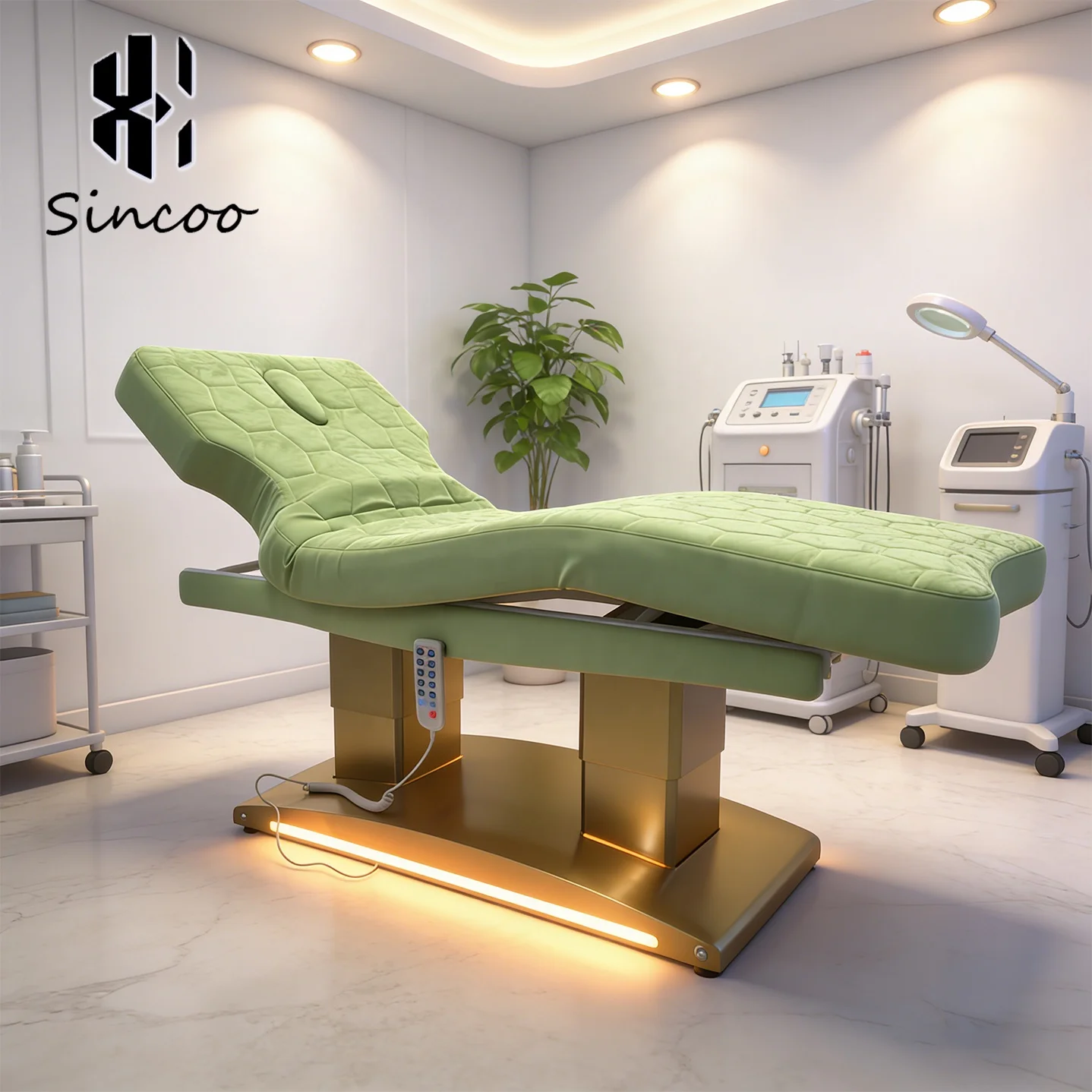 Manufacturer Custom Design Green Velvet High-Density Sponge Electric Beauty Bed 4 Motors Spa Facial Massage Hotel Bedroom