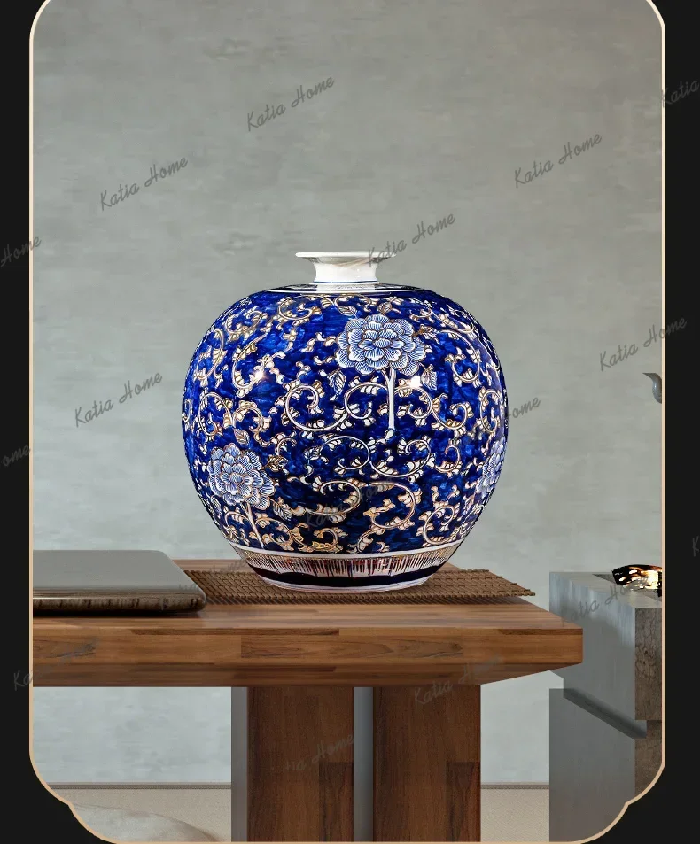 PGceramic gold-painted hand-painted blue and white porcelain large vase, living room flower arrangement office light