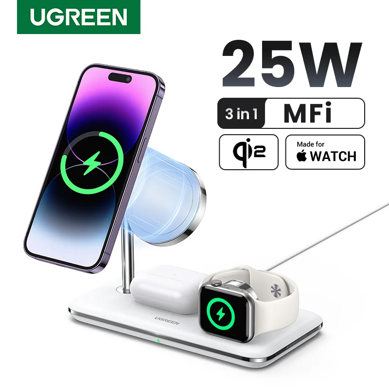 UGREEN-Soporte de cargador inalámbrico MFi para Magsafe, estación de carga 3 en 1 para iPhone 15, 16 Pro Max, Apple Watch, AirPods, 25W, 15W