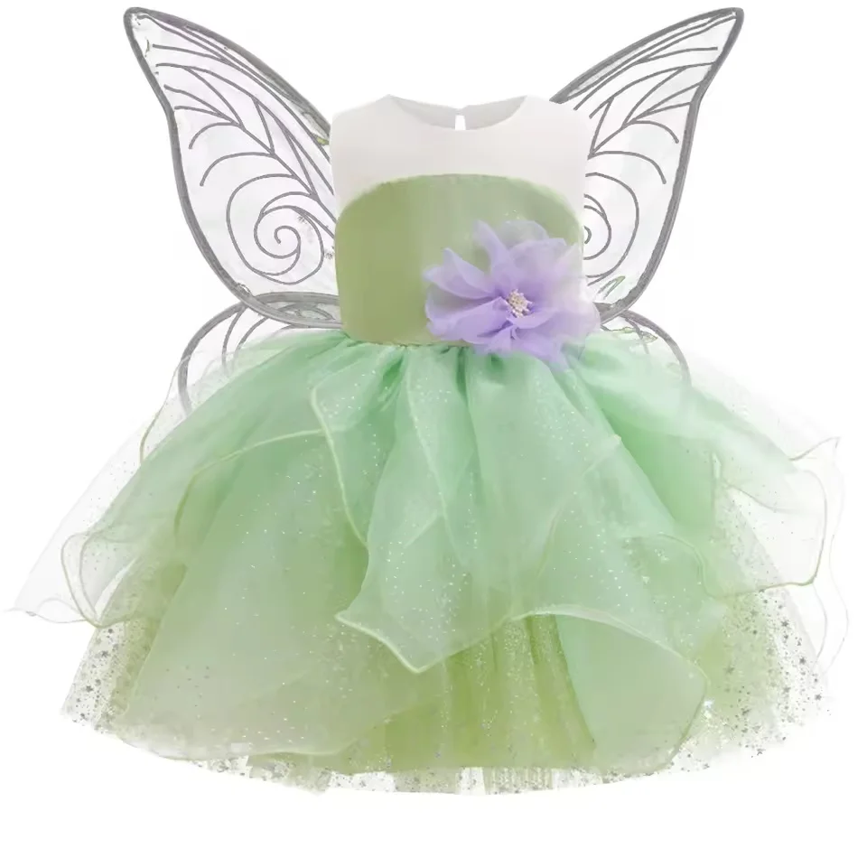 Girls Elf Princess Cosplay Dress With Butterfly Wings Carnival Party Children Flower Fairy Green Dress St. Patrick's Day Costume