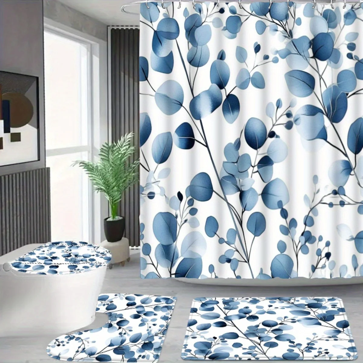 4pc Blue Eucalyptus Bathroom Set - Shower Curtain + Rug + Toilet Seat, Shower Curtain with Fresh Leaf Decoration