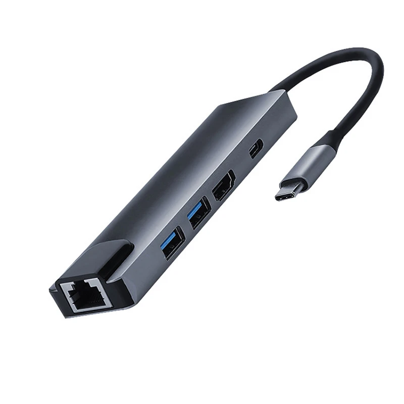 5 In 1 Type-C To USB 3.0 4K HDMI-compatible RJ45 USB 3.0 PD Charge Type-C Smart Dock Hub, Dual USB HUB Type-C Hub Splitter