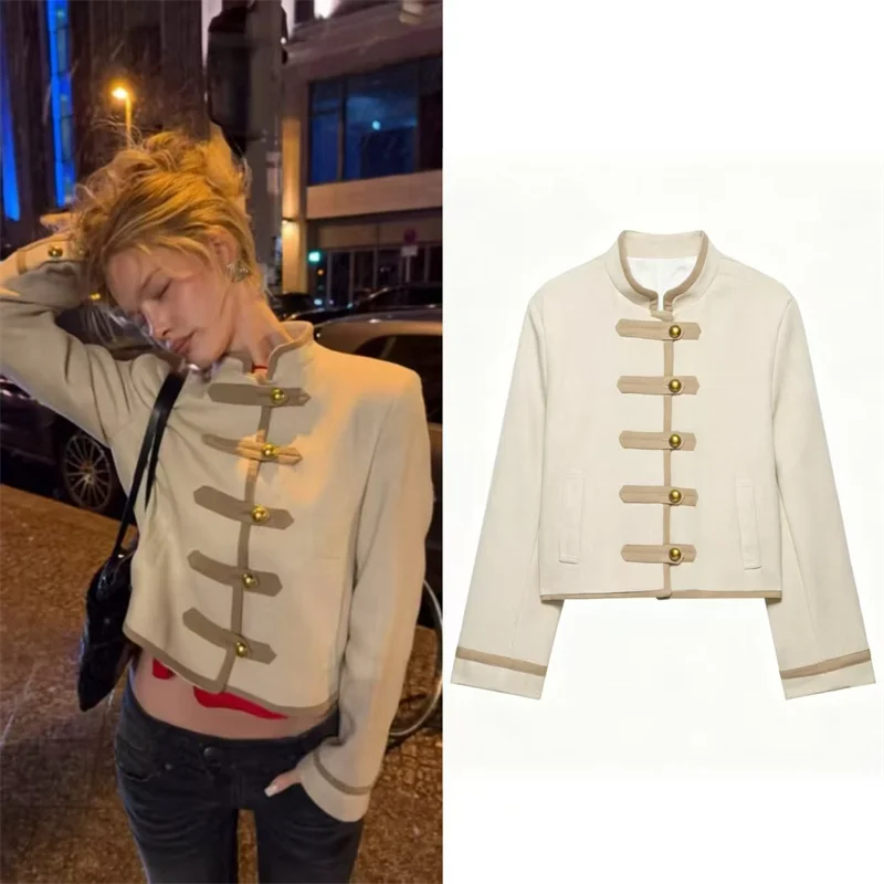 

Women's Jacket 2026 Summer New Style Khaki Long Sleeve Button Decorative Strap Shoulder-Padded High Collar Jacket Fashionable