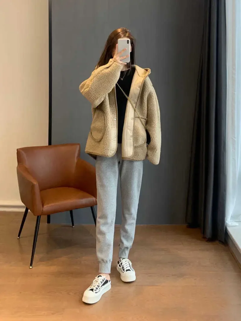 Autumn and Winter Lamb Wool Hooded Patchwork Jacket, Korean Version of Solid Color Loose Casual Single-breasted Downy Coat Women