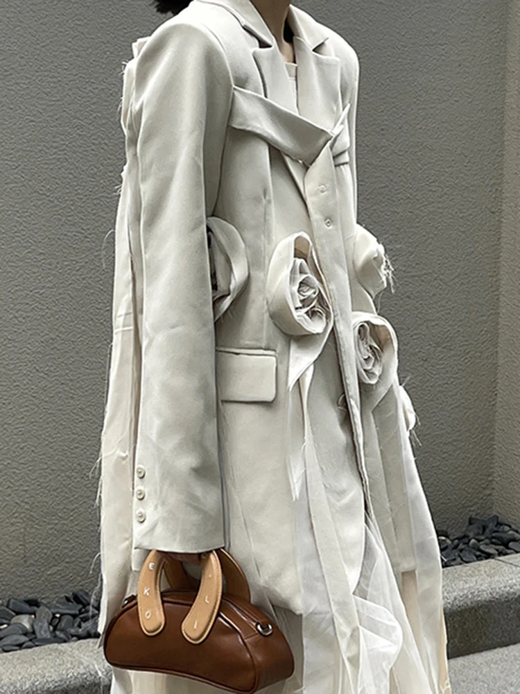 YERMORA Beige Three-dimensional Flowers Ribbon Blazer For Women Lapel Long Sleeve Loose New Jacket Fashion Spring Autumn 2025
