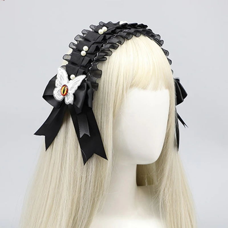 

Girl Ruffled Ribbon Headwear Gothic Butterfly Bows Lace Trim Subculture Headbands Maid Flouncing Hair Ornaments