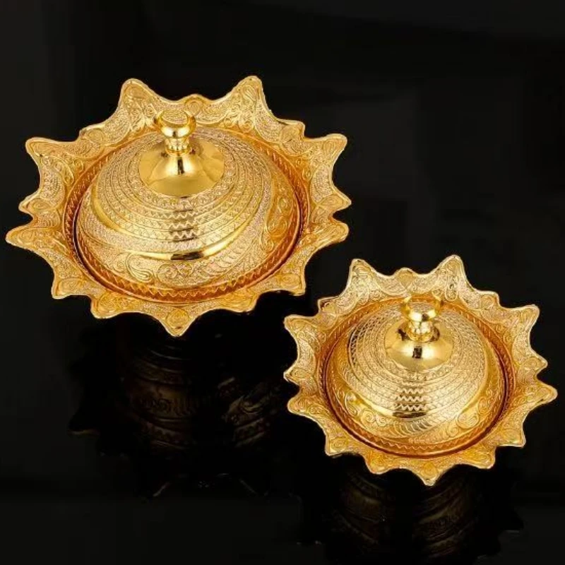 

Middle Eastern -Style Fruit Tray,Alloy Engraving Spiral-Patterned Texture Home Cheese Food Plate,Date Palm Disc Table Decoration