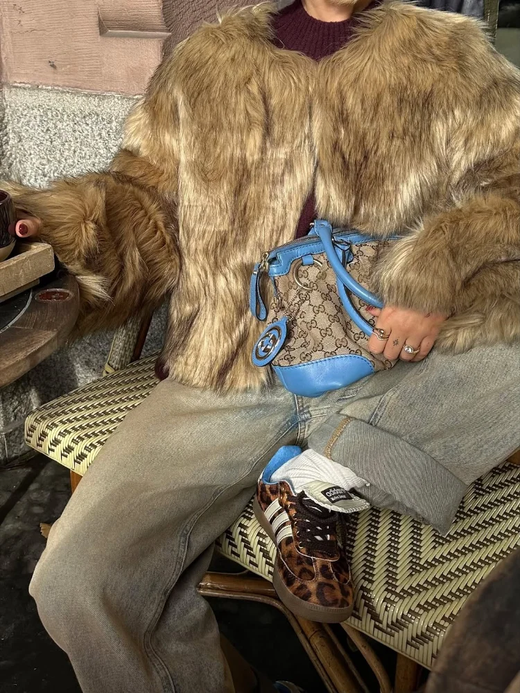 سترة نسائية من الفرو الصناعي من القطيفة برقبة دائرية وأكمام طويلة سترات قصيرة فضفاضة منفوشة للنساء ملابس خارجية للشتاء للتنقل اليومي في الشارع #1