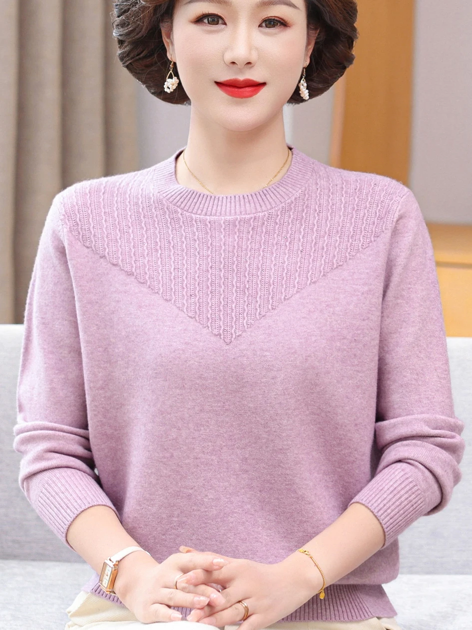 

Loose Fit round Ne Knitted Top Thin Elastic T-irt Pure Color Versatile Mommy Sle Spring Autumn Breathable Faionable L...