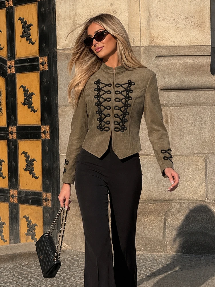 HH Spring Fell Taupe Cropped Jacket Stand Collar Braided Cord Lace‑Up Embellishment Slim Fit Retro Casual Office Outer Coat