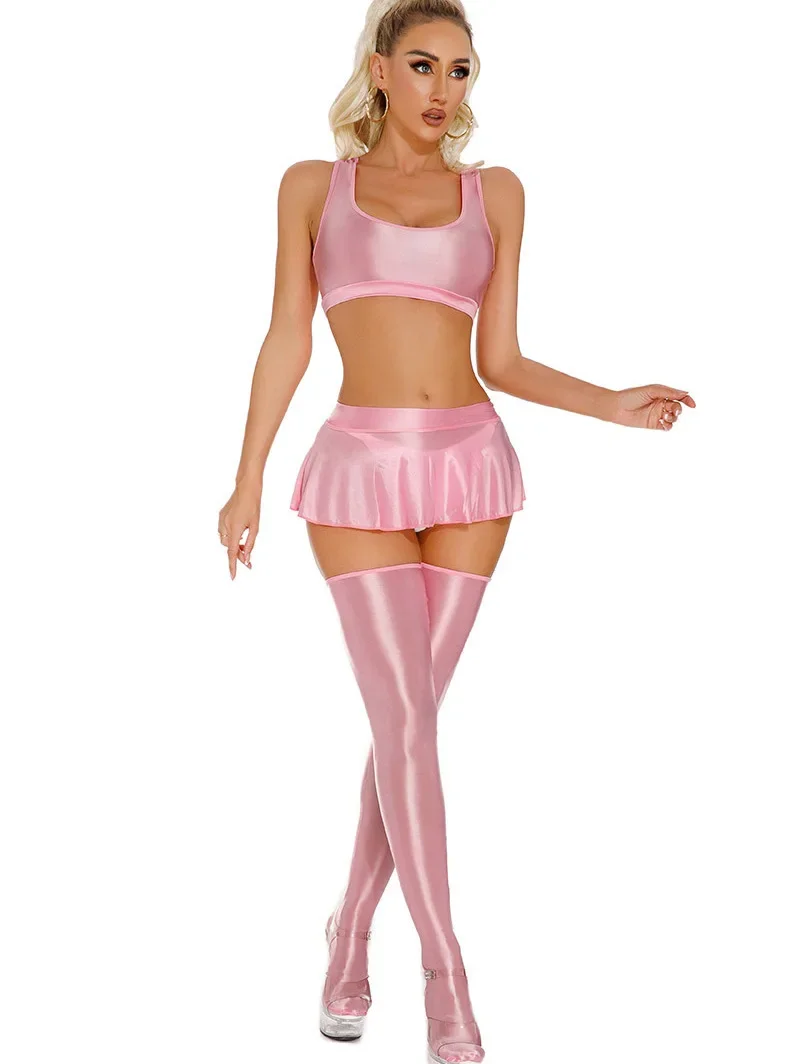 

2024 New Sexy Oil Glossy Silky Smooth Transparent Large Size Set Women Square Neck Sling Top+pleated Skirt Two Piece Set IFBJ