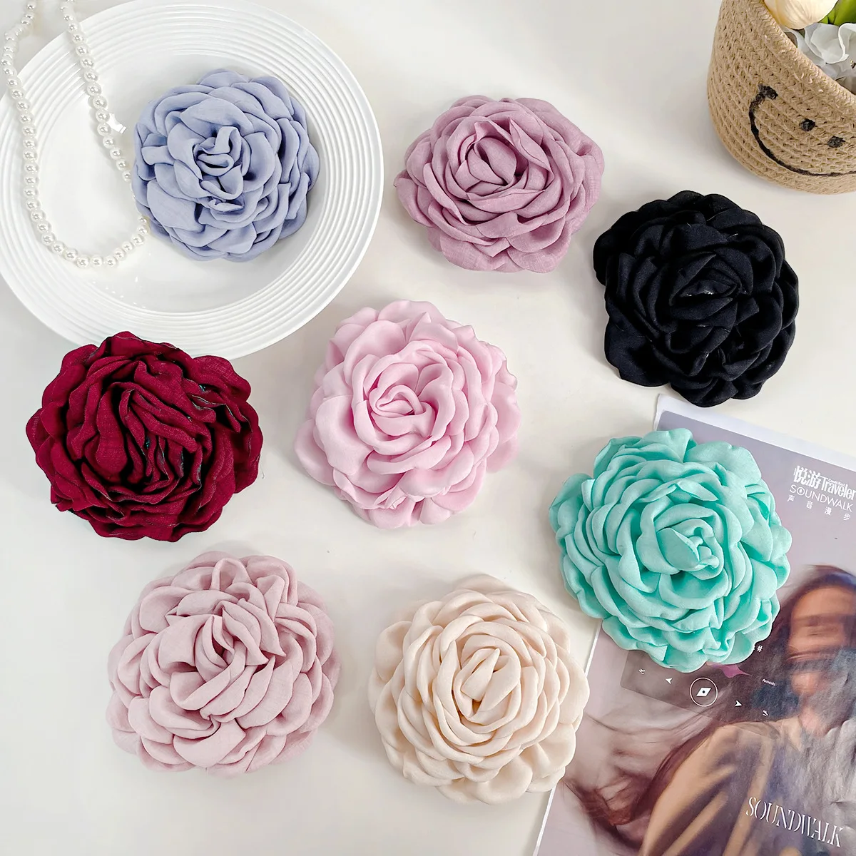 Three-dimensional burnt edge rose hairpin handmade fabric flower duck bill clip side clip broken hair clip spring and autumn headgear women