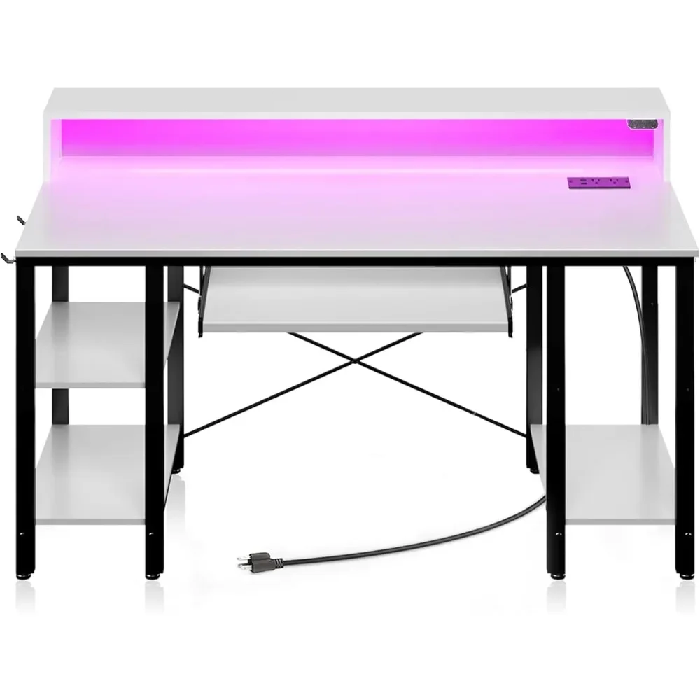 Mesa de jogos com prateleiras de armazenamento, Home Office Desk com bandeja de teclado, mesa do computador, luzes LED e tomadas de energia