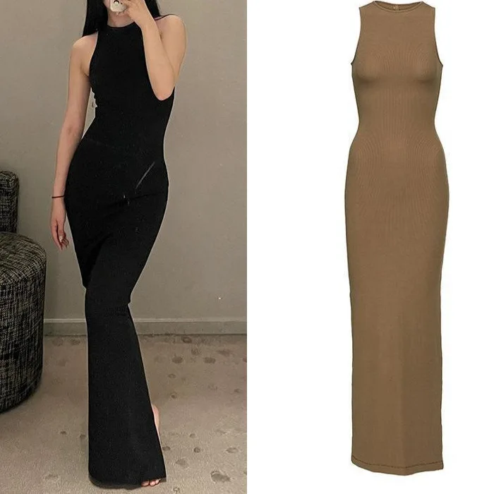 

Women's French Spice Girl super long slim sexy figure hanging neck sleeveless vest bag buttock dress