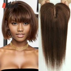 10 Inch Human Hair Toppers With Bangs Dark Brown 100% Remy Human Hair Pieces for Black Women Afro Brazilian Toppers in Silk Base