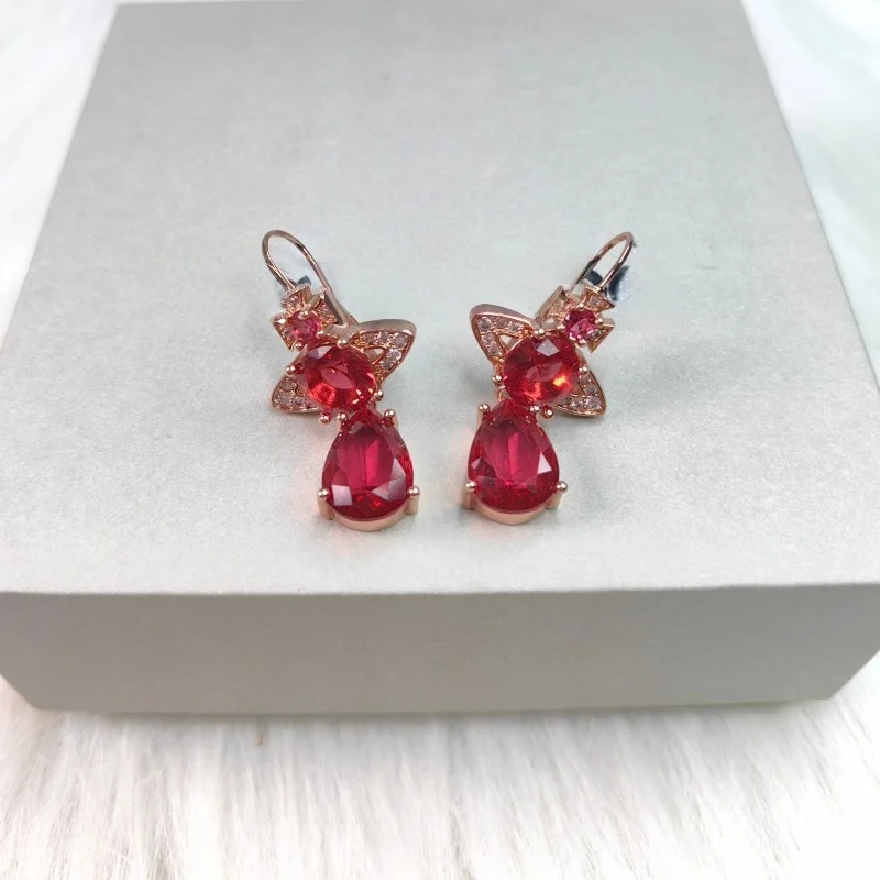 

S925 Sterling Silver Rose Red Large Droplet Ladies Romantic Earrings Elegant Girl Perfect Accessory