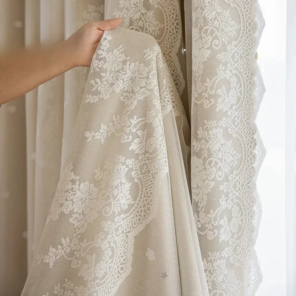 French Retro Lace Curtains for Living Room Bedroom Hollow Star Window Screen Integrated Advanced Sense Princess Style Tulle