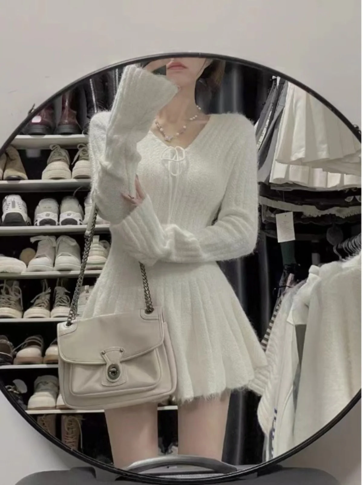 

Knitted V-Neck White Short Skirt Women's Fashion A-Line Dress Slimming Inner Wear Sweet And Spicy Trendy Waist-Cinched