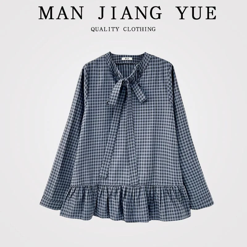 

Korean Chic Design Bow Tie Plaid Long-sleeved Shirt Women's Chic Top