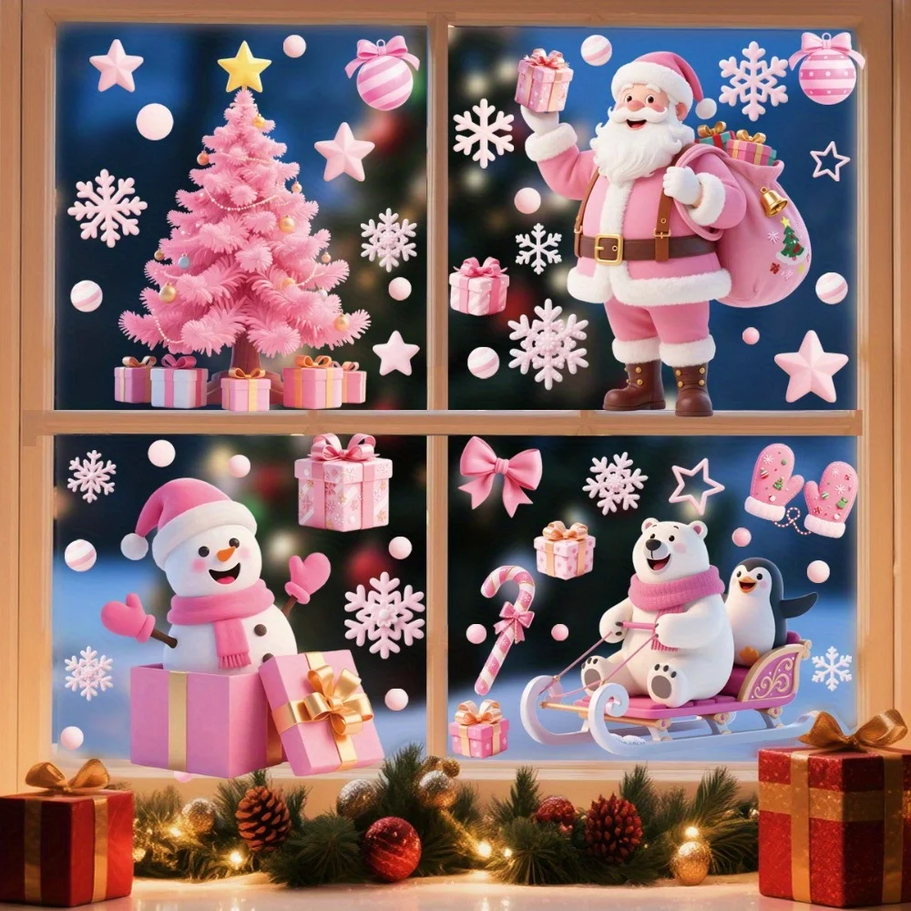 Pink Christmas Window Stickers Set Pink Santa Tree Snowflake Gift Bow Static Cling Decals for Home Shop Xmas Decoration