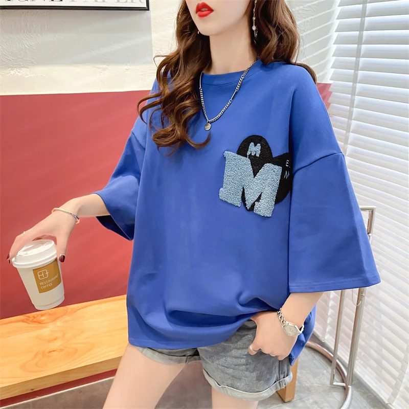 Camiseta holgada de manga corta con cuello redondo para mujer, ropa sencilla e informal, versión coreana, versátil, longitud media, Verano